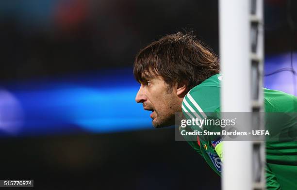 Olexandr Shovkovskiy of Dynamo Kyiv during the UEFA Champions League Round of 16 second leg match between Manchester City and FC Dynamo Kyiv at...