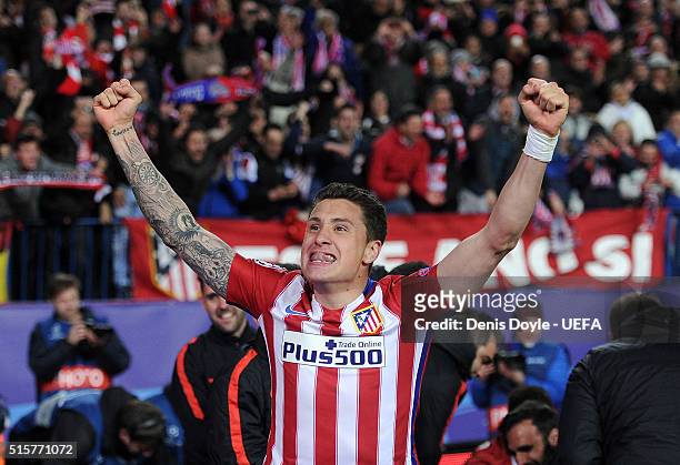 Jose Maria Gimenez of Club Atletico de Madrid celebrates after his team won an extra time penalty shoot-out during the UEFA Champions League round of...