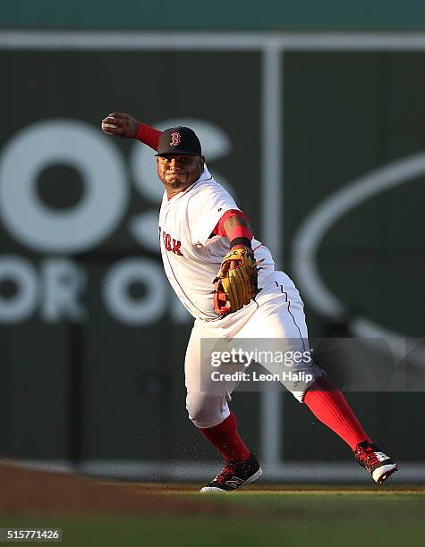 Pablo Sandoval of the Boston Red Sox makes the throw to first base during the fourth inning of the Spring Training Game against the New York Yankees...