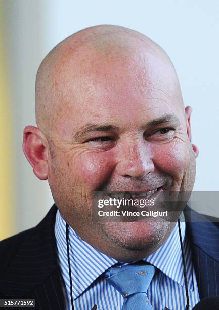 Peter Moody speaks to the media after the RAD board decision at Flemington Racecourse on March 16, 2016 in Melbourne, Australia. Peter Moody was on...