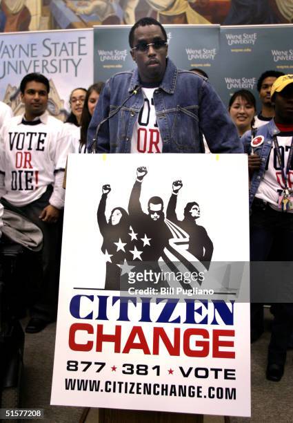 Hip-hop mogul Sean "P. Diddy" Combs speaks with the media following a Vote Or Die rally at Wayne State University October 26, 2004 in Detroit,...