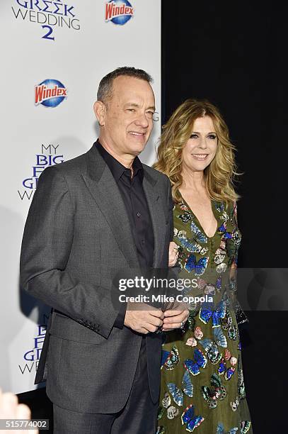 Tom Hanks and Rita Wilson, producers of My Big Fat Greek Wedding 2, arrive at the premiere and walk the Windex blue carpet in New York City, on March...