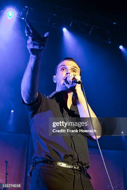 Singer Theo Hutchcraft of the British band Hurts performs live during a concert at the Tempodrom on March 15, 2016 in Berlin, Germany.