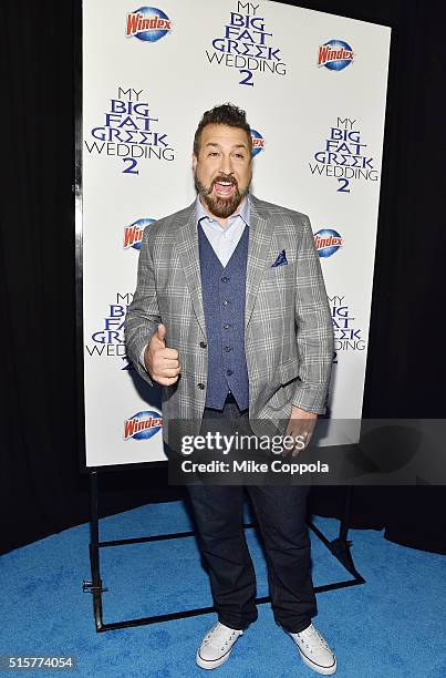 Singer Joey Fatone arrives at the premiere of My Big Fat Greek Wedding 2 and walks the Windex blue carpet in New York City, on March 15, 2016.