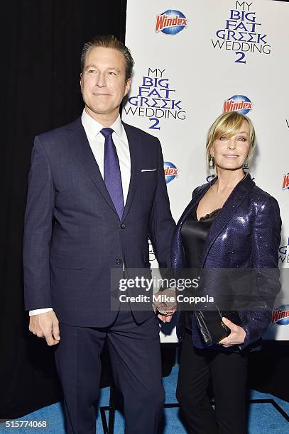 Actors John Corbett and Bo Derek arrive at the premiere of My Big Fat Greek Wedding 2 and walk the Windex blue carpet in New York City, on March 15,...