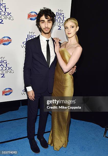 Actors Alex Wolff and Elena Kampouris arrive at the premiere of My Big Fat Greek Wedding 2 and walk the Windex blue carpet in New York City, on March...