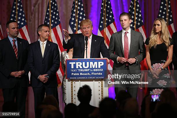 Republican presidential candidate Donald Trump speaks during a primary night press conference at the Mar-A-Lago Club's Donald J. Trump Ballroom March...