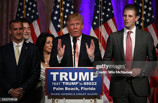 Republican presidential candidate Donald Trump speaks during a primary night press conference at the Mar-A-Lago Club's Donald J. Trump Ballroom March...