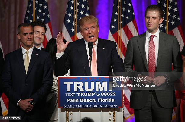 Republican presidential candidate Donald Trump speaks during a primary night press conference at the Mar-A-Lago Club's Donald J. Trump Ballroom March...