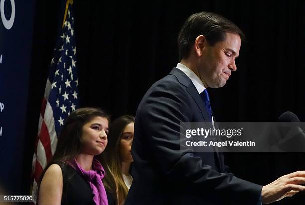 Republican presidential candidate U.S. Senator Marco Rubio , flanked by his family, speaks at a primary night rally on March 15, 2016 in Miami,...