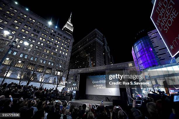 Game of Thrones" fans attend "Game of Thrones": The Complete Fifth Season DVD/Blu-Ray Fan Screening at Herald Square on March 15, 2016 in New York...
