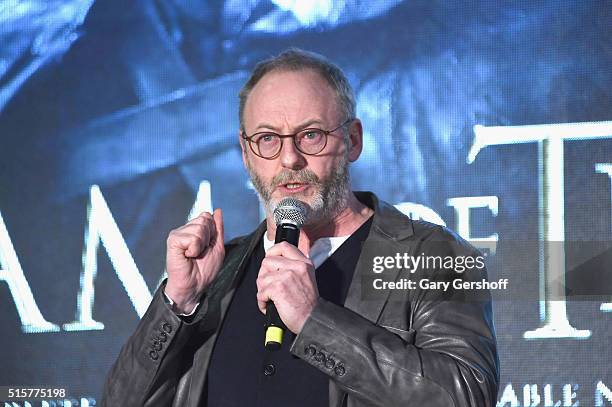 Game of Thrones" cast member Liam Cunningham speaks on stage during a fan screening to celebrate "Game of Thrones: The Complete Fifth Season"...