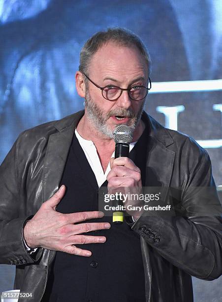 Game of Thrones" cast member Liam Cunningham speaks on stage during a fan screening to celebrate "Game of Thrones: The Complete Fifth Season"...