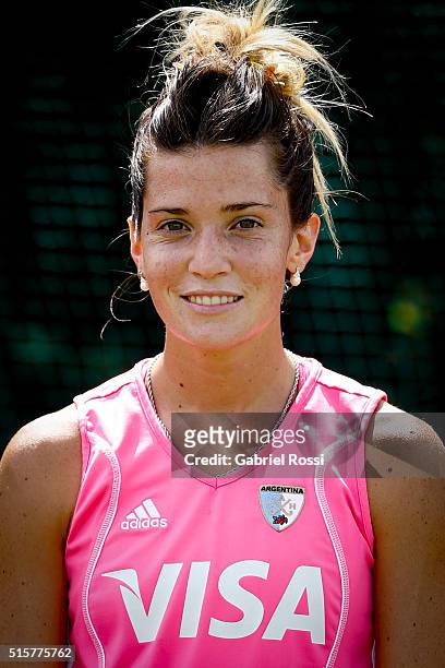 Agustina Albertarrio poses for pictures during a portrait session as part of Argentina Las Leonas Media Day at Cenard on March 15, 2016 in Buenos...