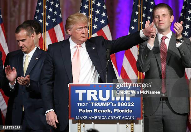 Republican presidential candidate Donald Trump thanks supporters after delivering remarks at the Mar-A-Lago Club's Donald J. Trump Ballroom March 15,...
