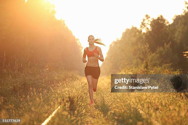 young woman running in forest - sportlerin stock-fotos und bilder