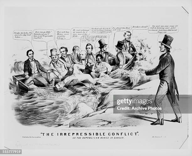 Political cartoon depicting Abraham Lincoln and his opponents in a sinking boat, representing 'The Irrepressible Conflict' and the fight to end...