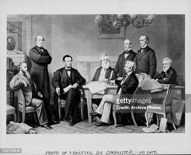 Printed lithograph of US Cabinet members, gathered to hear Abraham Lincoln's Emancipation Proclamation; Edwin M Stanton, Solomon P Chase, President...