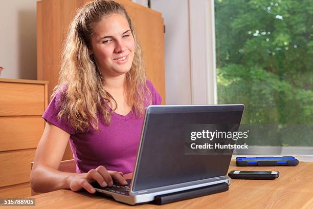 student with visual impairment working on her talking computer - blind woman stock pictures, royalty-free photos & images