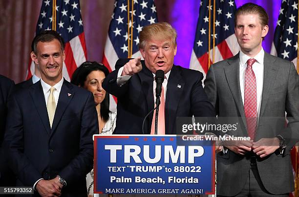 Republican presidential candidate Donald Trump speaks during a primary night press conference at the Mar-A-Lago Club's Donald J. Trump Ballroom March...