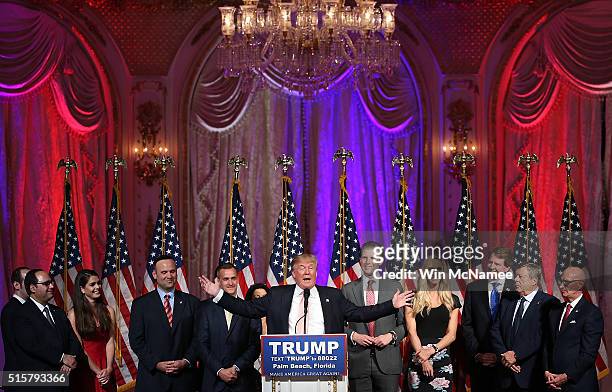 Republican presidential candidate Donald Trump speaks during a primary night event at the Mar-A-Lago Club's Donald J. Trump Ballroom March 15, 2016...