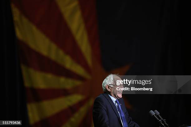 Senator Bernie Sanders, an independent from Vermont and 2016 Democratic presidential candidate, smiles during a campaign event in Phoenix, Arizona,...