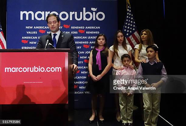 Republican presidential candidate U.S. Senator Marco Rubio , flanked by his family, speaks at a primary night rally on March 15, 2016 in Miami,...
