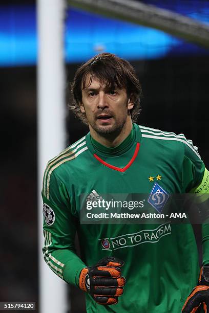 Oleksandr Shovkovskiy of Dynamo Kiev during the UEFA Champions League match between Manchester City and Dynamo Kyiv at the Etihad Stadium on March...