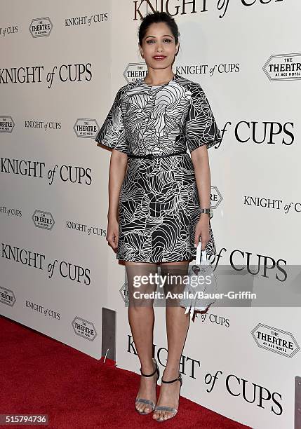 Actress Freida Pinto arrives at the premiere of Broad Green Pictures' 'Knight Of Cups' on March 1, 2016 in Los Angeles, California.