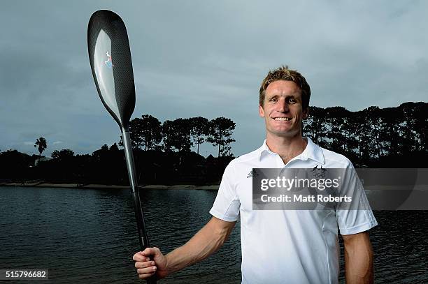 Jacob Clear poses during the Australian Canoe/Kayak-Sprint 2016 Olympic Games Team Announcement at Mermaid Beach on March 16, 2016 on the Gold Coast,...