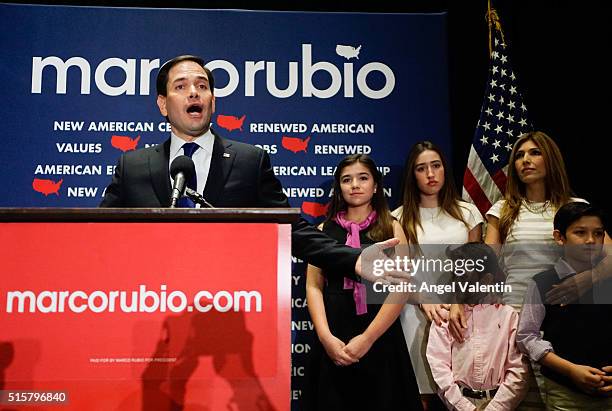 Republican presidential candidate U.S. Senator Marco Rubio , flanked by his family, speaks to supporters at a primary night rally on March 15, 2016...