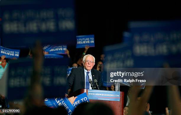 Democratic presidential candidate Sen. Bernie Sanders speaks to a crowd gathered at the Phoenix Convention Center during a campaign rally on March...