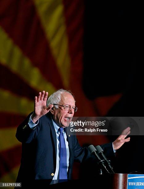 Democratic presidential candidate Sen. Bernie Sanders speaks to a crowd gathered at the Phoenix Convention Center during a campaign rally on March...