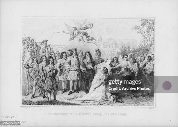 Engraved scene depicting Louis XIV of France founding the Hotel de Invalides, surrounded by a crowd of people, Paris, 1676. Engraved by Colin from...