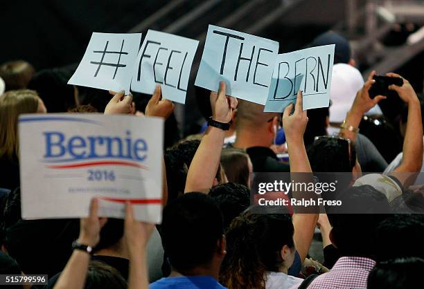 Members of the crowd show their support for Democratic presidential candidate Sen. Bernie Sanders at the Phoenix Convention Center during a campaign...
