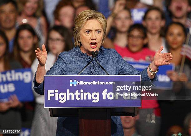 Hillary Clinton holds primary night event at Palm Beach County Convention Center on March 15, 2016 in West Palm Beach, Florida.