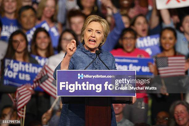 Hillary Clinton holds primary night event at Palm Beach County Convention Center on March 15, 2016 in West Palm Beach, Florida.