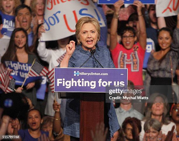 Hillary Clinton holds primary night event at Palm Beach County Convention Center on March 15, 2016 in West Palm Beach, Florida.