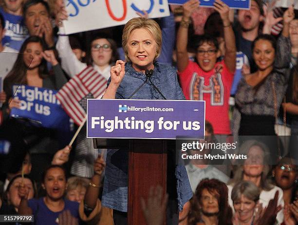 Hillary Clinton holds primary night event at Palm Beach County Convention Center on March 15, 2016 in West Palm Beach, Florida.