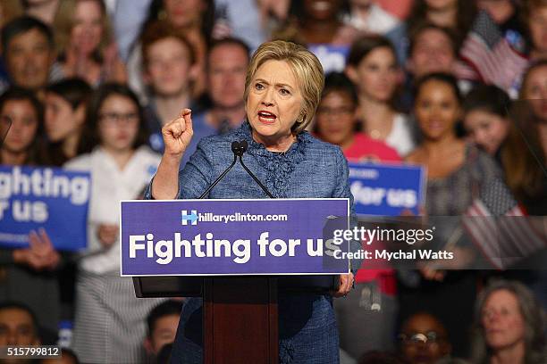 Hillary Clinton holds primary night event at Palm Beach County Convention Center on March 15, 2016 in West Palm Beach, Florida.