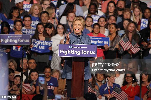 Hillary Clinton holds primary night event at Palm Beach County Convention Center on March 15, 2016 in West Palm Beach, Florida.