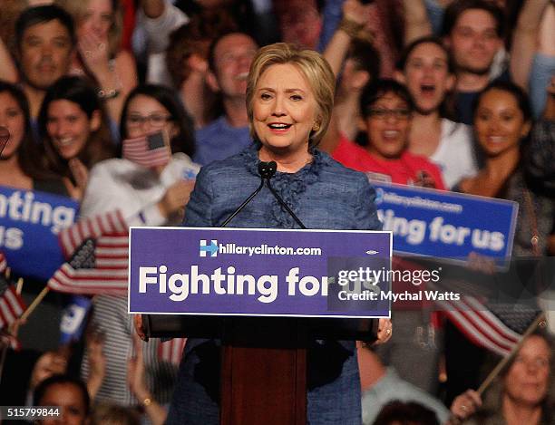 Hillary Clinton holds primary night event at Palm Beach County Convention Center on March 15, 2016 in West Palm Beach, Florida.