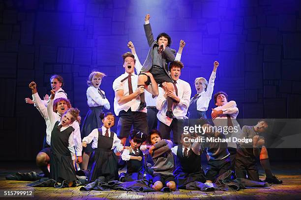 Cast members perform during a media call for Matilda The Musical at Princess Theatre on March 16, 2016 in Melbourne, Australia.