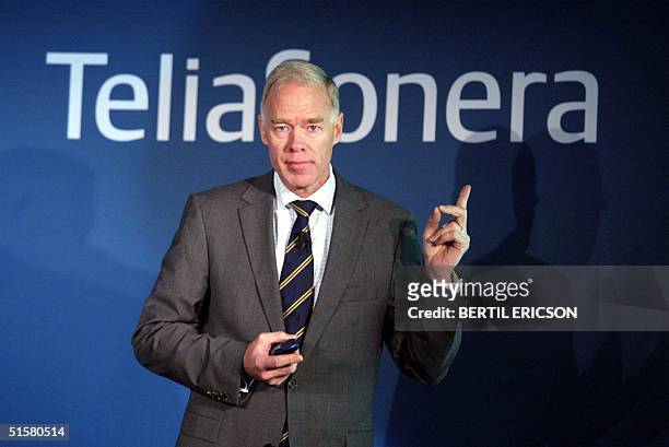 TeliaSonera CEO Anders Igel speaks during a press conference reporting the better-than-expected third-quarter results 27 October 2004 in Stockholm,...