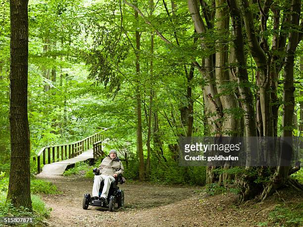 man exploring a forrest in a motorized wheelchair - motorized wheelchair stock pictures, royalty-free photos & images