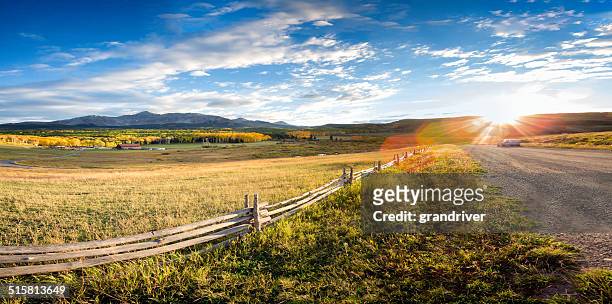colorado mountain ranch in autumn - panoramic farm stock pictures, royalty-free photos & images