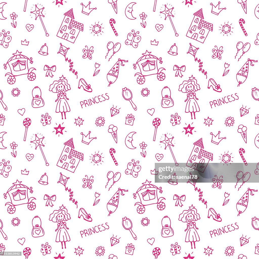 Princess Patterns Color Hand Drawn Seamless Pattern With Princess Doodle Design Elements High ...