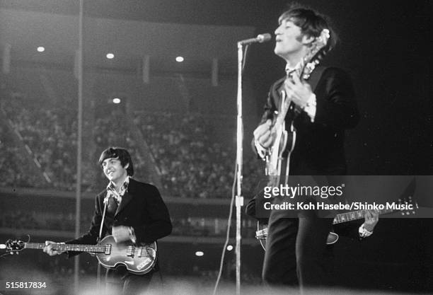 Paul McCartney and John Lennon of The Beatles live at Dodger Stadium, Los Angeles, California, August 28, 1966.