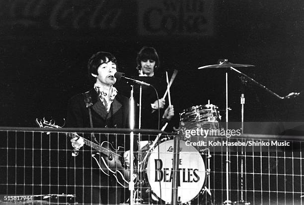 Paul McCartney and Ringo Starr of The Beatles perform during the last concert on their final tour at Candlestick Park, San Francisco, California,...