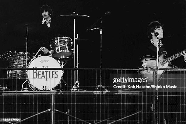 Ringo Starr and John Lennon of The Beatles perform during the last concert on their final tour at Candlestick Park, San Francisco, California, August...